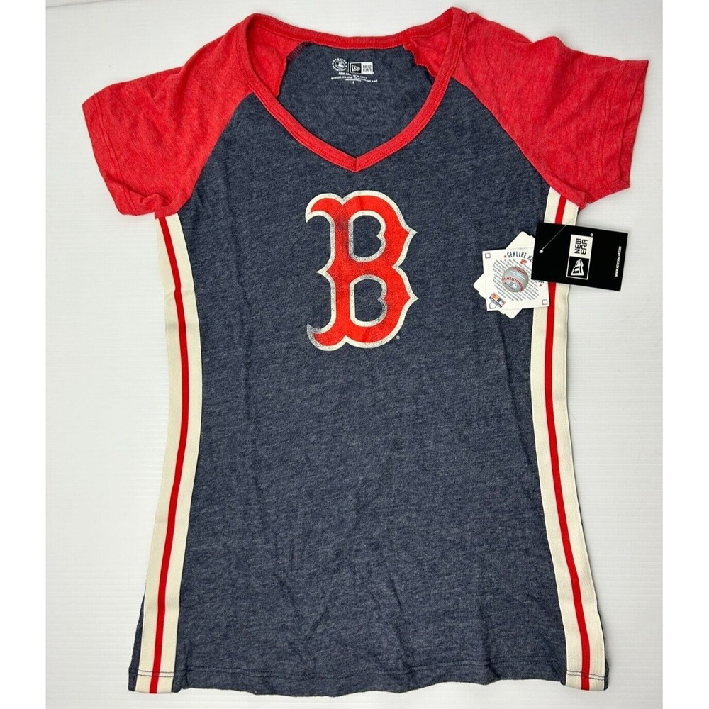 New Era MBL Boston Red Sox Womens V Neck Distressed Graphic Tee Size Small